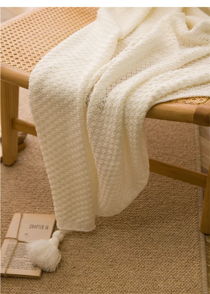 Nordic Blankets for Bed Sofa Couch Chunky Knit Bedspread Knitted Throw Blanket with Tassel Plain Color Waffle Embossed Blanket