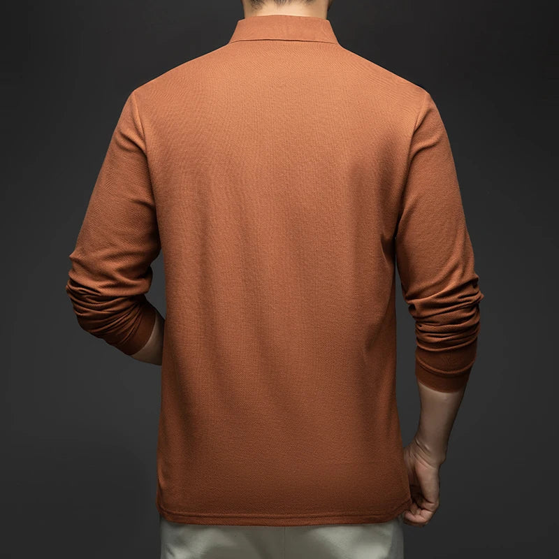 100% Pure Cotton Men's Long Sleeved Polo Shirt, Collar T-shirt, Spring and Autumn Top, No Ironing, Wrinkle Resistant Embroidery