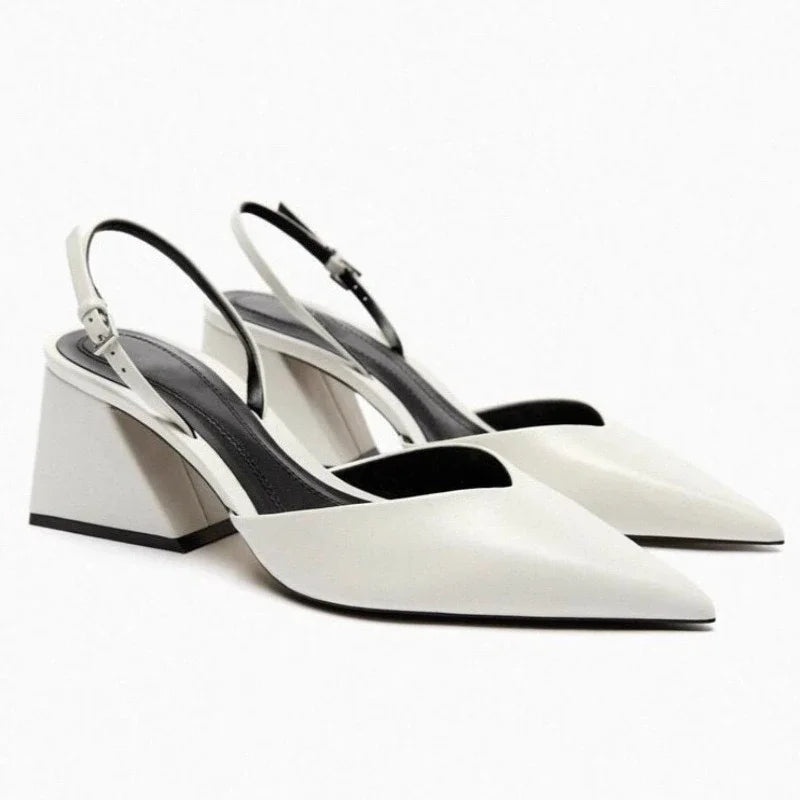 Sexy White Pointed Toe Chunky Heel Pumps Women Luxury Back Strap Buckle Designer Shoe Elegant Commuting Office Shoe Talons Femme