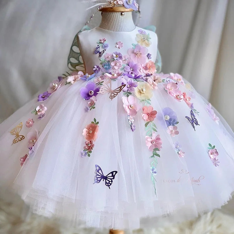 Vestido de princesa infantil borboleta com asas de malha fofa para meninas de 2 a 6 anos, vestido elegante para festa de aniversário com flores