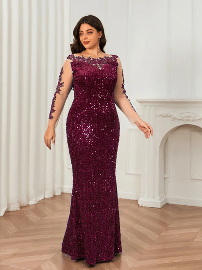 O Neck Curve Long Sequined Velvet Lace Evening Dress Prom Gown Floor Length Backless Maxi Dresses