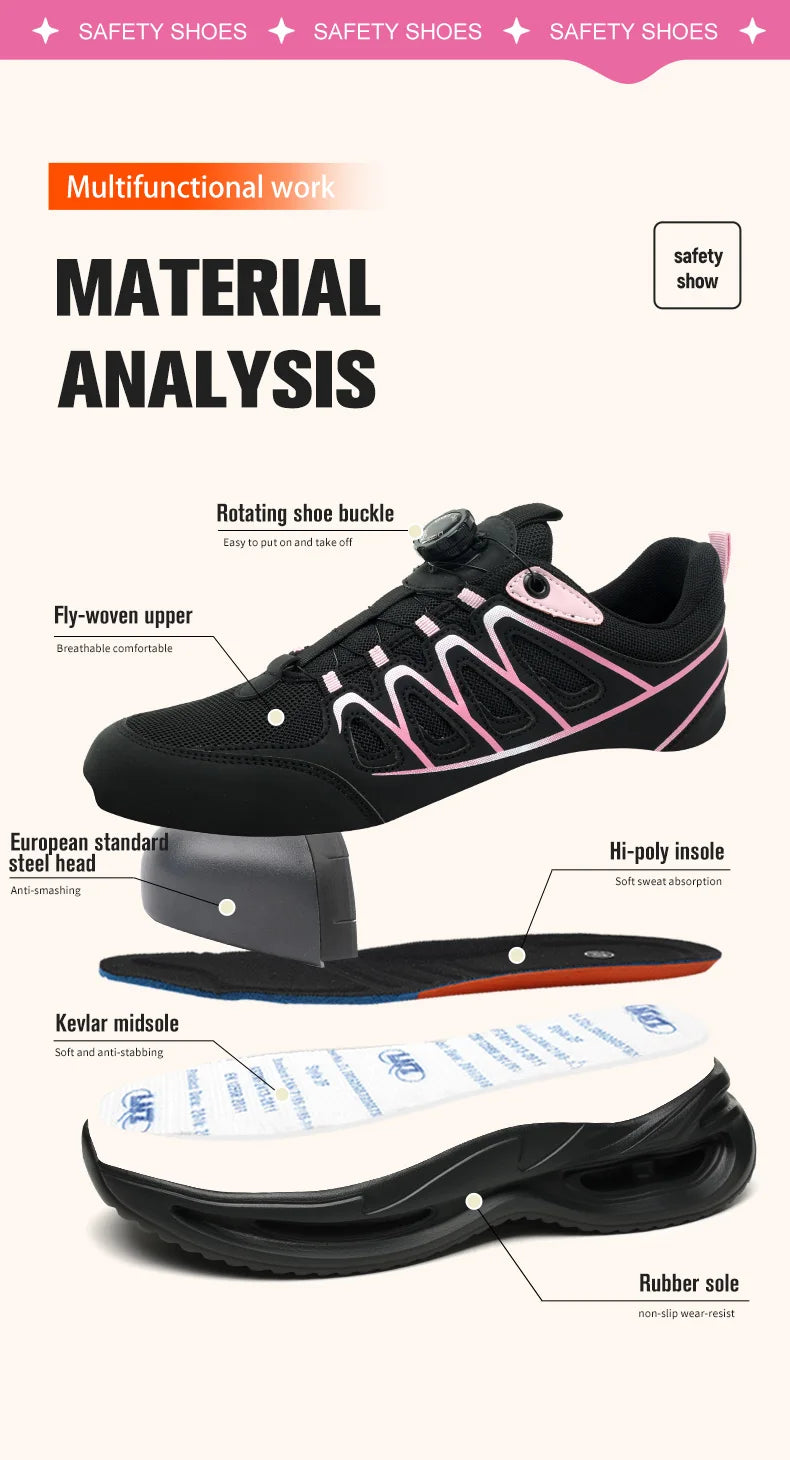 Rotating Button New Safety Shoes Women Anti-smash Anti-puncture Work Shoes Fashion Female Sport Shoes Security Protective Shoes