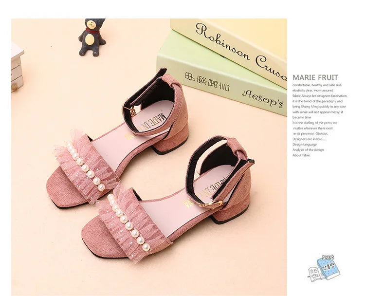 Girls Sandals Summer Shoes Cute Pearls Roman Shoes Pink Black Beading Open-toe Kids Fashion Girls Party Sandals Kids Shoes Chic