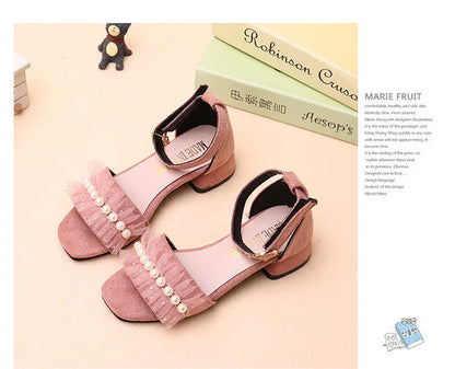 Girls Sandals Summer Shoes Cute Pearls Roman Shoes Pink Black Beading Open-toe Kids Fashion Girls Party Sandals Kids Shoes Chic