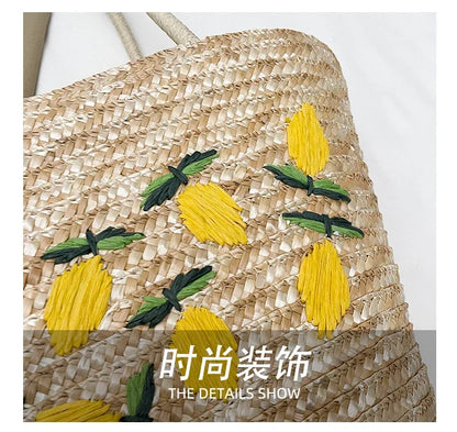 Embroidery Fruit Solid Color Shoulder Bag Straw Woven Hollow Versatile 2025 High Quality Bags for Women New Beach Handbags