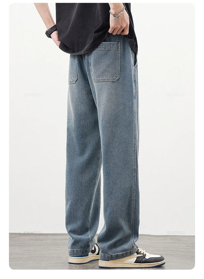 Brand Clothing High Quality Starry Sky Texture Fabric Men's Jeans Loose Straight Denim Pants Elastic Waist Drawstring Trousers
