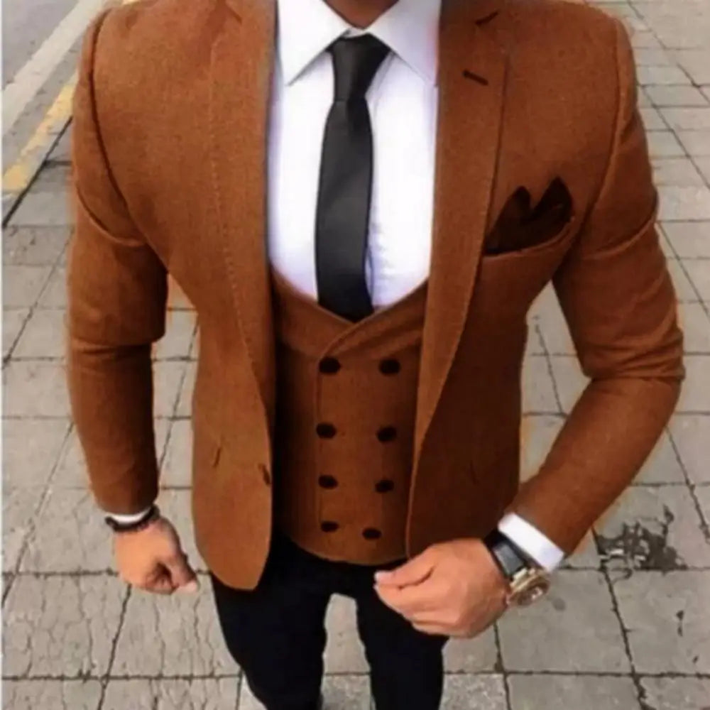 Men's Fashion Brown Slim Fit 3-Piece Suit Set with Blazer Vest Pants - Casual Wedding Prom Business Groom Tuxedo Clothing