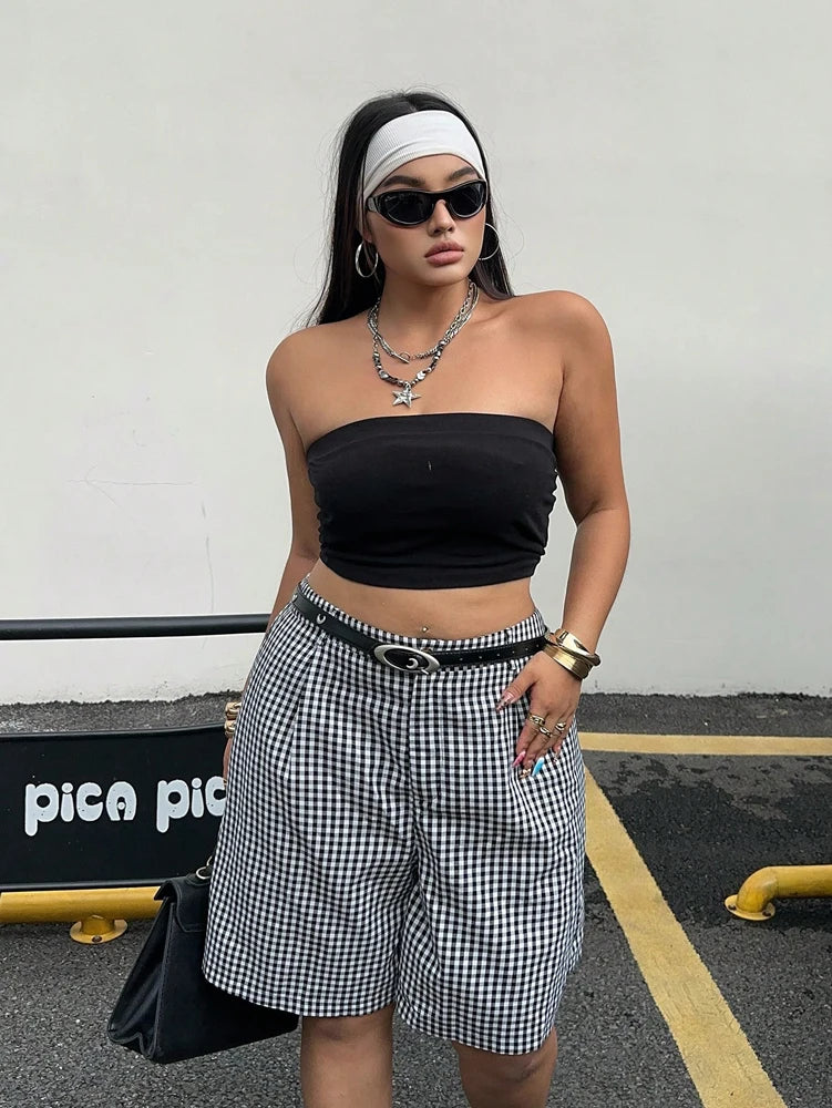 Ladies plus Size Spring Simple Casual Black White Plaid Shorts Wide Leg Pants Trousers for Women