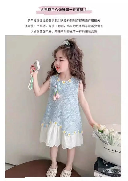 Girls' Dress Summer New Style Children's Fashionable Lace Princess Dress Little Girl Sweet Floral Vest Dress