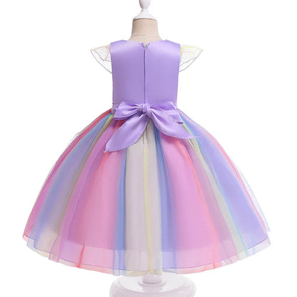 Girl Unicorn Cosplay Party Dress Rainbow Tutu Gown Kids Floral Summer Dresses Girls Birthday Tulle Clothes Children New Costumes