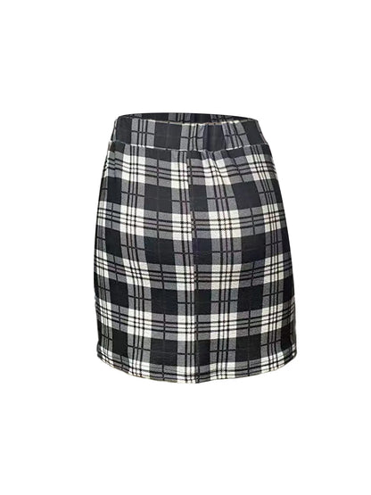 Elegant high-waisted short skirt with a stretch waist in a thousand bird pattern, hugging the hips.