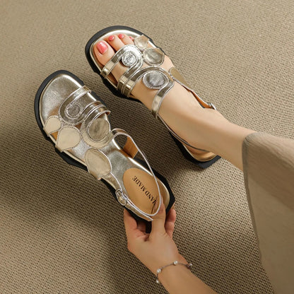 Women's New Round Head Spring/Summer Genuine Leather Sheepskin Spliced Low Heel Large Size Elastic Open Toe Sandals
