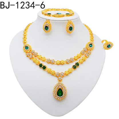 Women Gold Color Jewelry Sets Blue Pendant Necklace Earrings Bracelet Ring Sets Party Gifts
