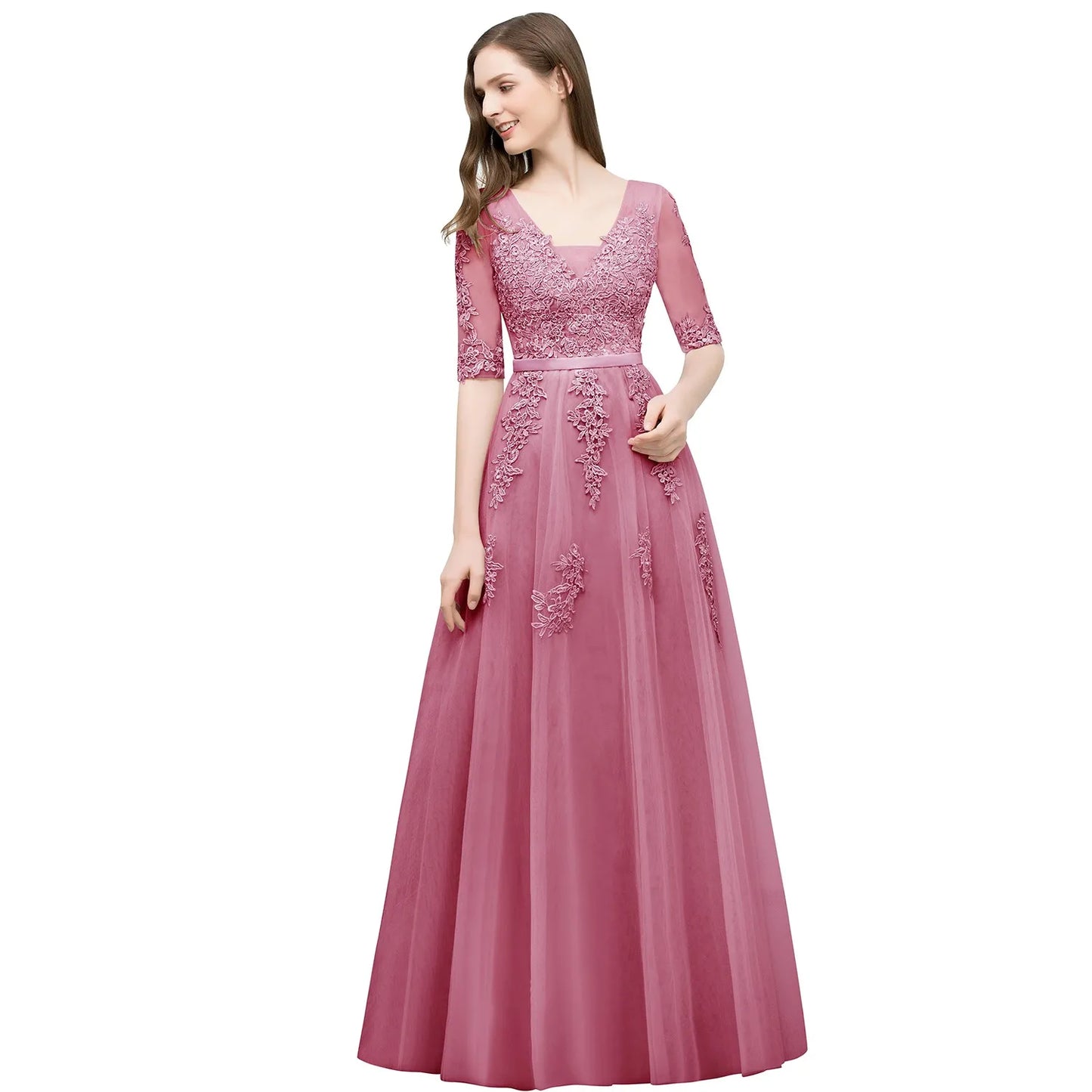 Elegant Half Sleeve Evening Dresses Lace Appliques A-Line Long Tulle Strap V-Neck Sheer Backless Prom Dress Empire Party Gowns