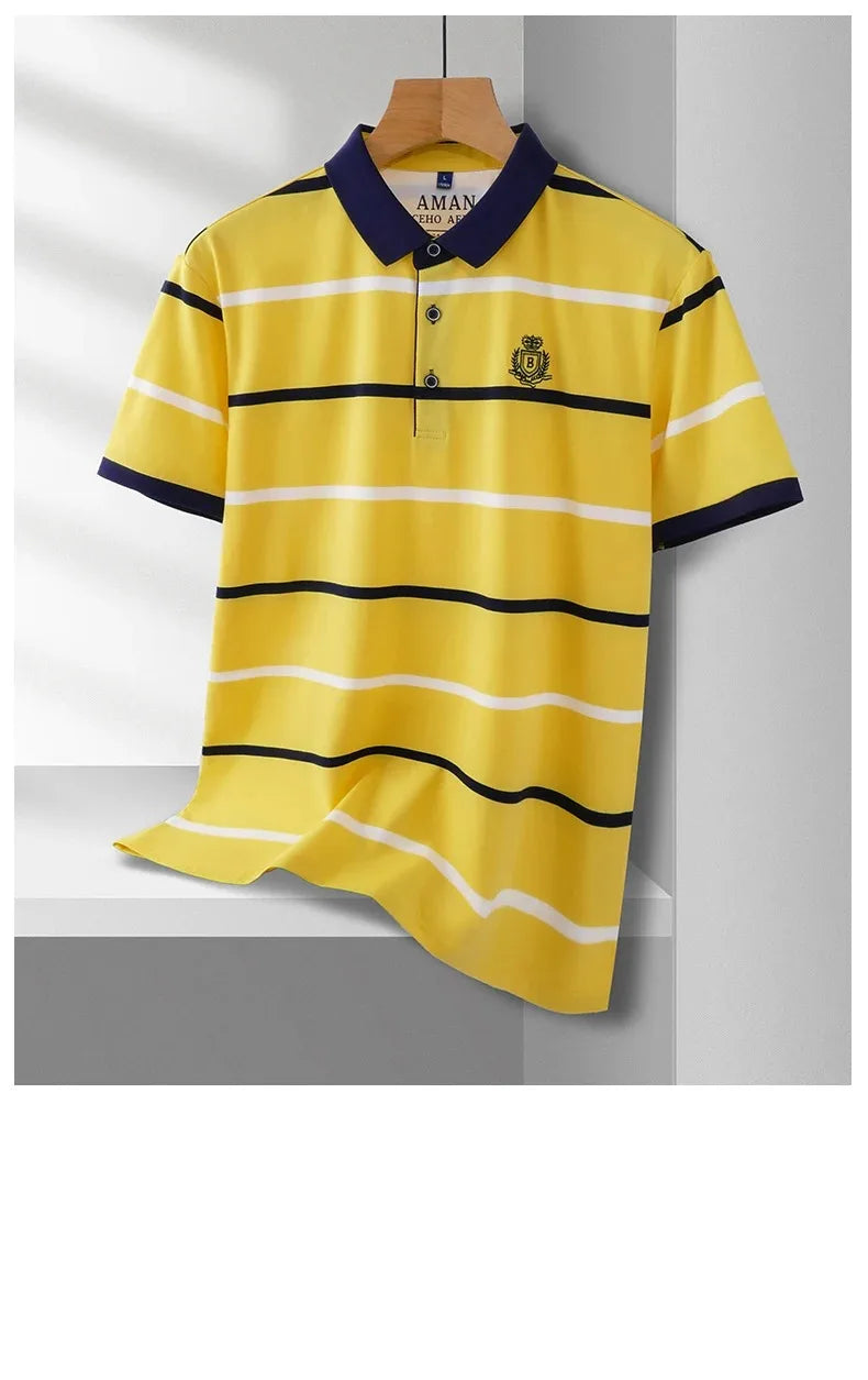 Light luxury brand short sleeve men's POLO shirt summer fashion personality striped badge top breathable ice silk casual T-shirt