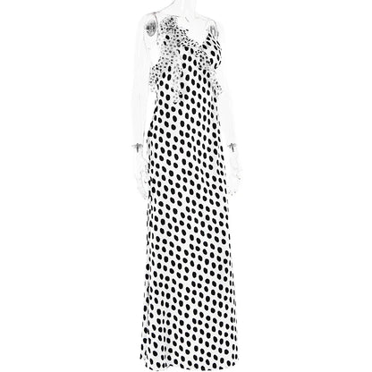 Backless  Print Dots Flower Women Maxi Dress Spaghetti Strap Evening Dress Autumn Skinny Elegant Party Clubwear