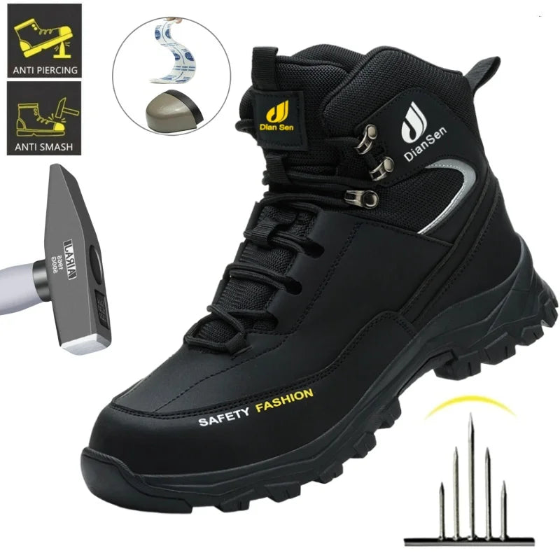 Men Work Boots Puncture-Proof Waterproof Work Shoes Steel Toe Safety Boots Industrial Indestructible Boots Side Leather Shoes