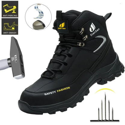 Men Work Boots Puncture-Proof Waterproof Work Shoes Steel Toe Safety Boots Industrial Indestructible Boots Side Leather Shoes