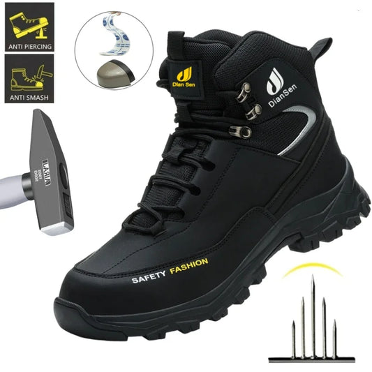 Men Work Boots Puncture-Proof Waterproof Work Shoes Steel Toe Safety Boots Industrial Indestructible Boots Side Leather Shoes