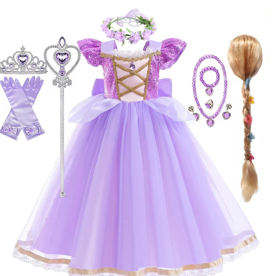 Vestido de Princesa Verão Rapunzel Menina Cosplay Enrolados Festa de Aniversário de Halloween Vestido Fantasia de Aniversário Infantil