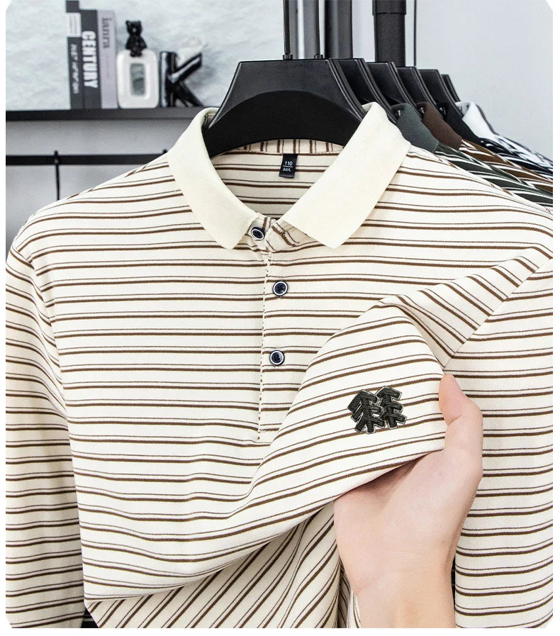 Men's Striped Long Sleeved T-shirt Polo Shirt Button Up Men's Stand Up Collar, Winter Double-sided German Velvet Base Shirt