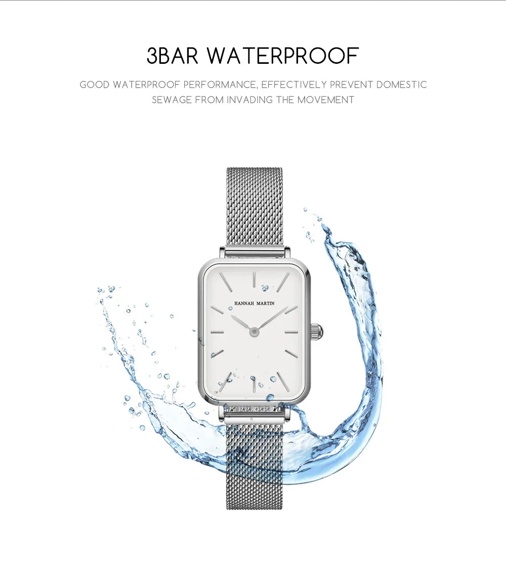Square Women Stainless Steel Mesh Strap Watch Fashion Japanese Movement Rose Gold Simple Leisure Fashion Hannah Martin Watches