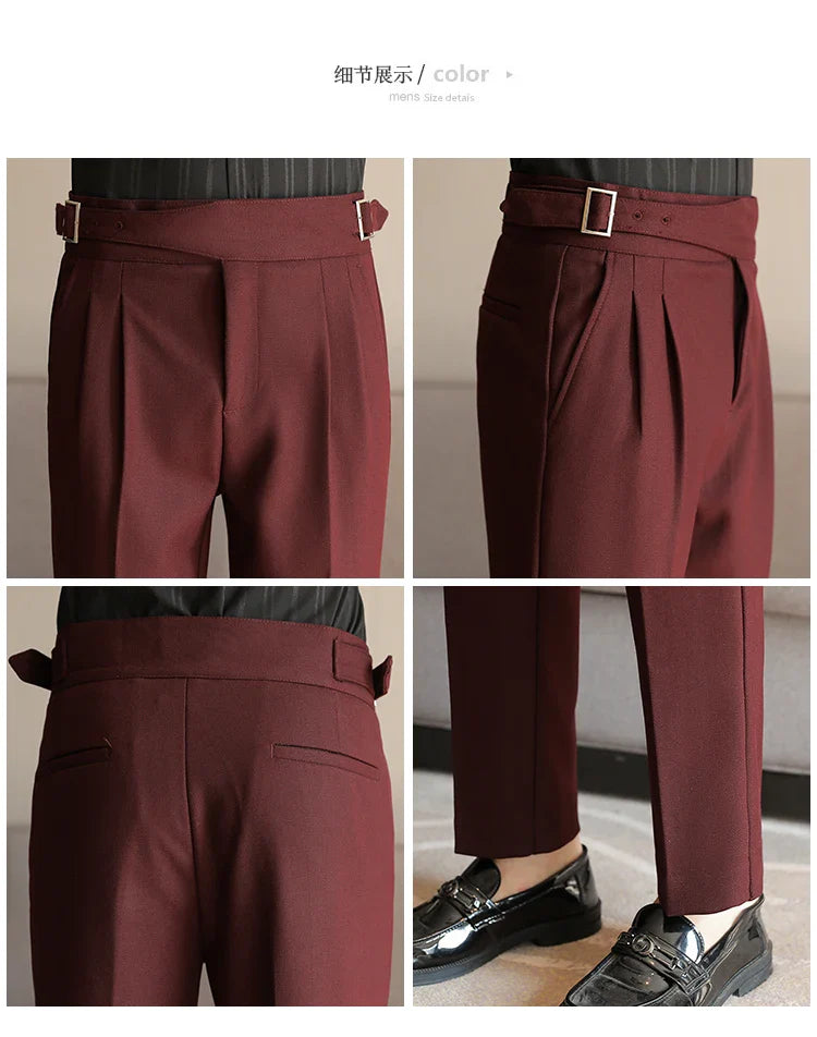 Luxury Men's Slim High-Rise Dress Pants - Heavyweight Subtle Stripe with 3D Pleats & Naples Tailoring