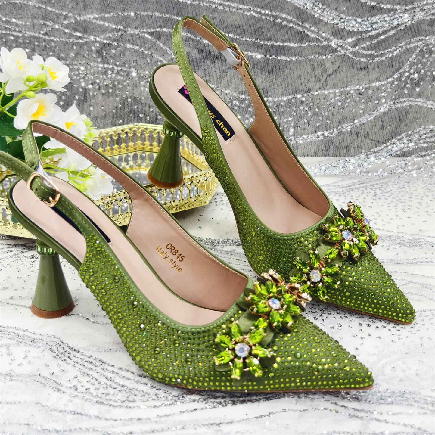 Sapato Scarpin Feminino Salto Alto Bico Fino Verde Oliva e Bolsa para Festa Strass Noite Elegante Luxo