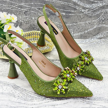 Sapato Scarpin Feminino Salto Alto Bico Fino Verde Oliva e Bolsa para Festa Strass Noite Elegante Luxo