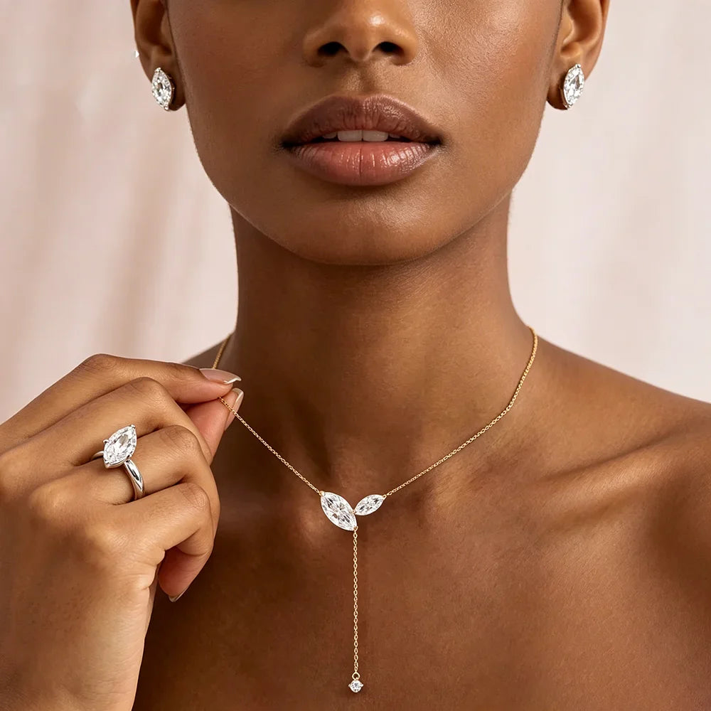 Marquise Cut Moissanite Jewelry Set For Women Lab Diamond Lariat Pendant Necklace Stud Earring Wedding Ring With Certificate