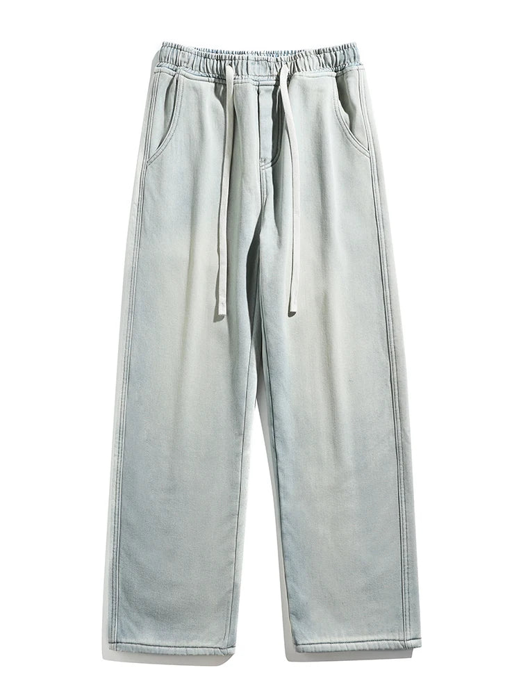 Calça Jeans Masculina de Inverno Coreana Forrada com Lã Grossa Quente Reta Denim Lavado Algodão Azul Retrô Larga Pantalona