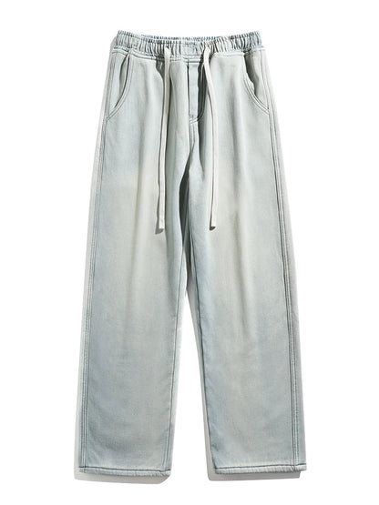 Calça Jeans Masculina de Inverno Coreana Forrada com Lã Grossa Quente Reta Denim Lavado Algodão Azul Retrô Larga Pantalona