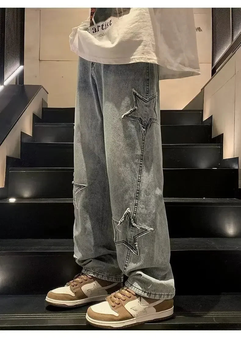 Star Embroidered Straight Casual Men's Jeans Y2K Gothic Unisex New Wide-leg Loose, Comfortable Fashionable Youth Street Jeans