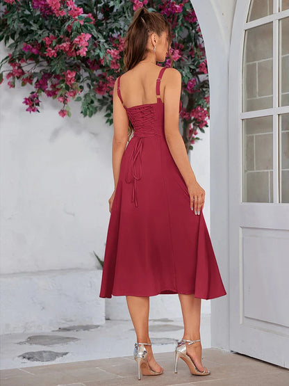 Summer Sweet Solid Sleeveless Long Dress Women Fashion Bandage Camisole Dresses Padded Boned Robe Elegant Party Vestidos