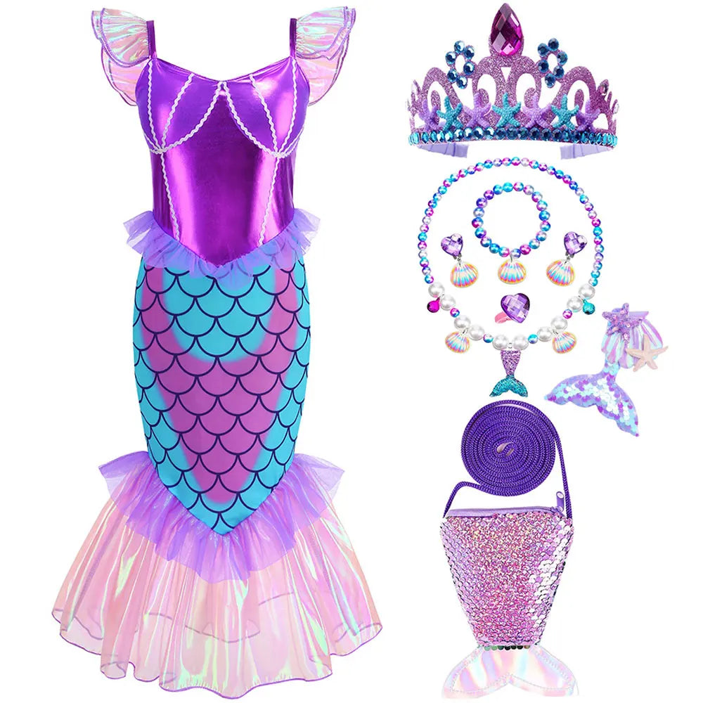 Blue Red Purple Three Colors Mermaid Flying Sleeve Fishtail Beautiful Dress For Girl Summer Beach Party Cool Swimsuit Set