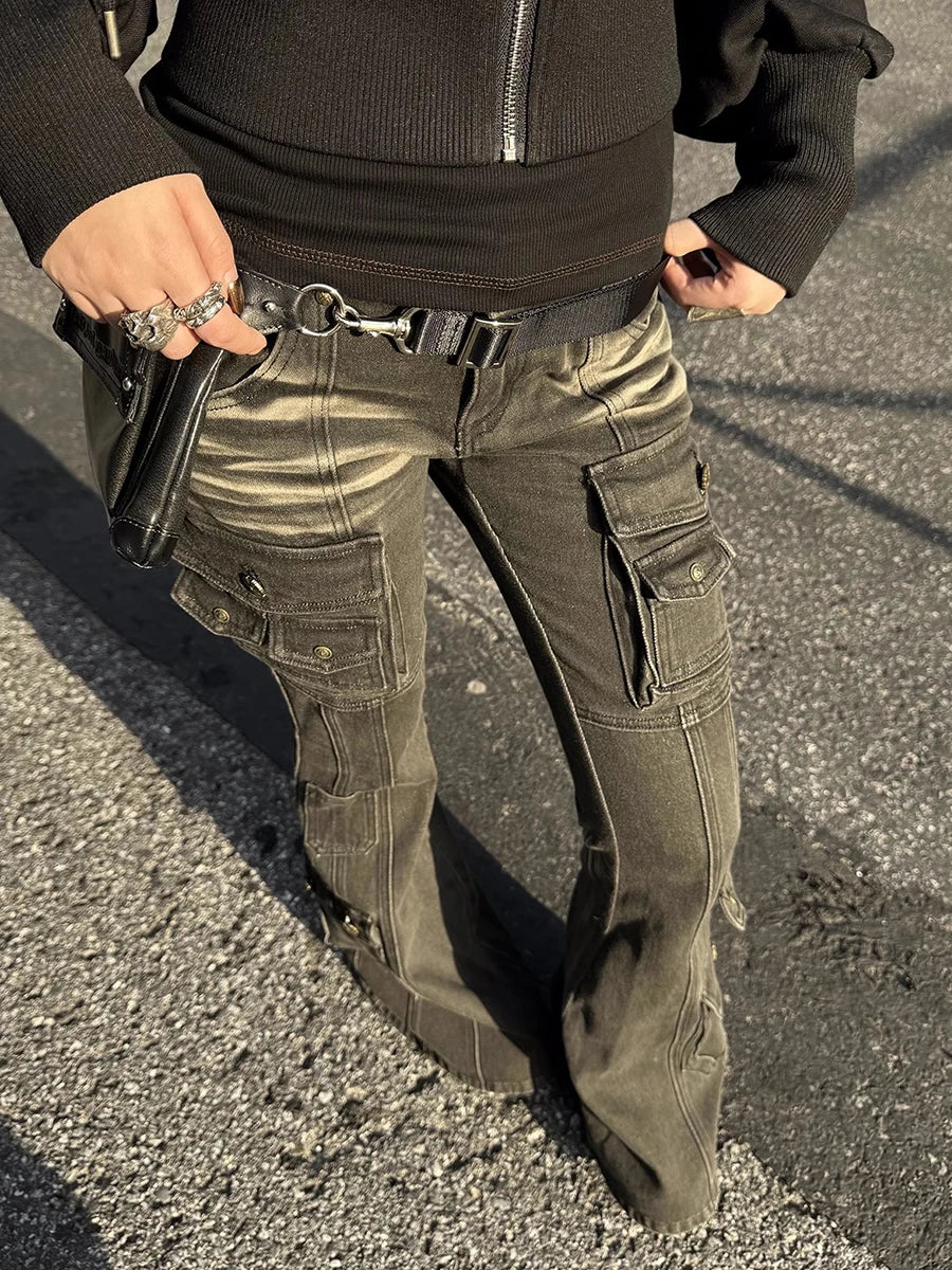 Black Low Waist Cargo Jeans 2000s Distressed Whiskers Multi-pocket Stretch Bootcut Pants Women Retro Grunge Streetwear
