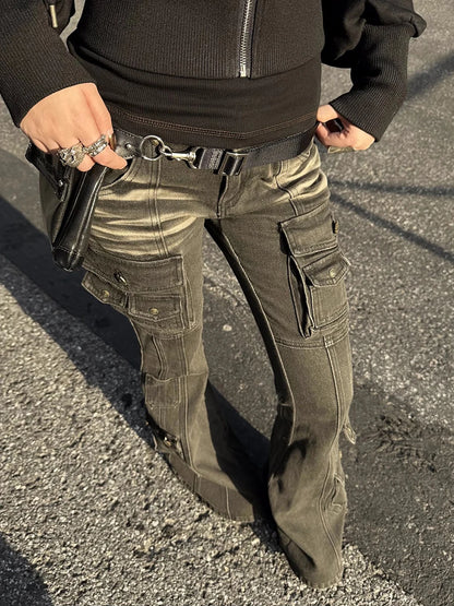 Black Low Waist Cargo Jeans 2000s Distressed Whiskers Multi-pocket Stretch Bootcut Pants Women Retro Grunge Streetwear