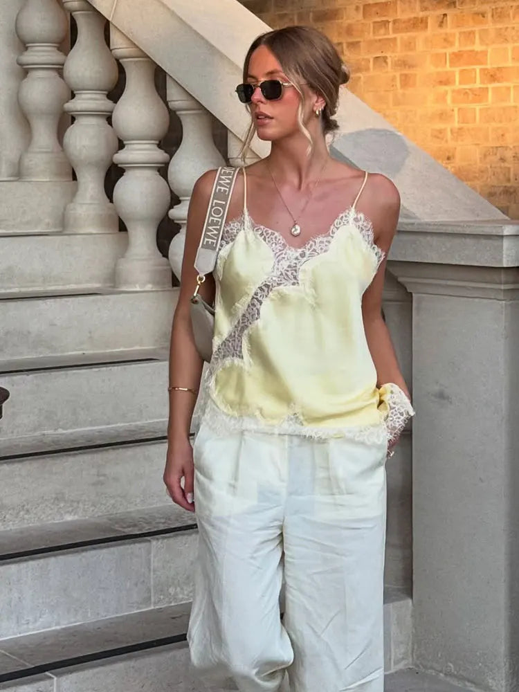 Women Fashion Asymmetric Lace Tops Sexy V Neck Short Camisole Tank Top Summer Lady Holiday Underwear Style Camis