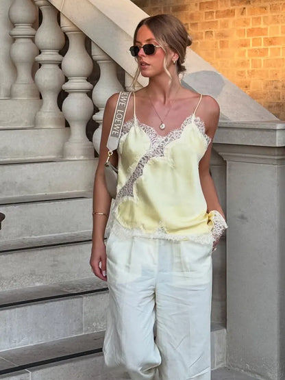 Women Fashion Asymmetric Lace Tops Sexy V Neck Short Camisole Tank Top Summer Lady Holiday Underwear Style Camis