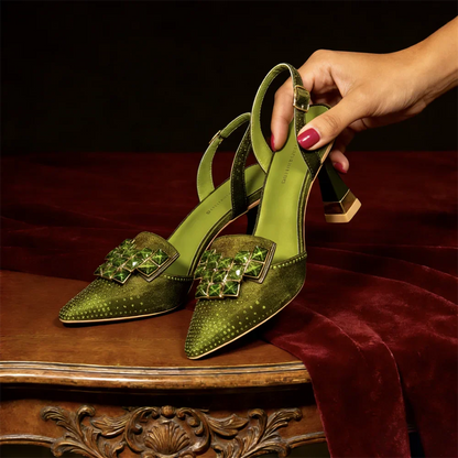 Elegant Green Rhinestone Slingback Heels - Italian Designed Pointed Toe Bridal Evening Party Shoes