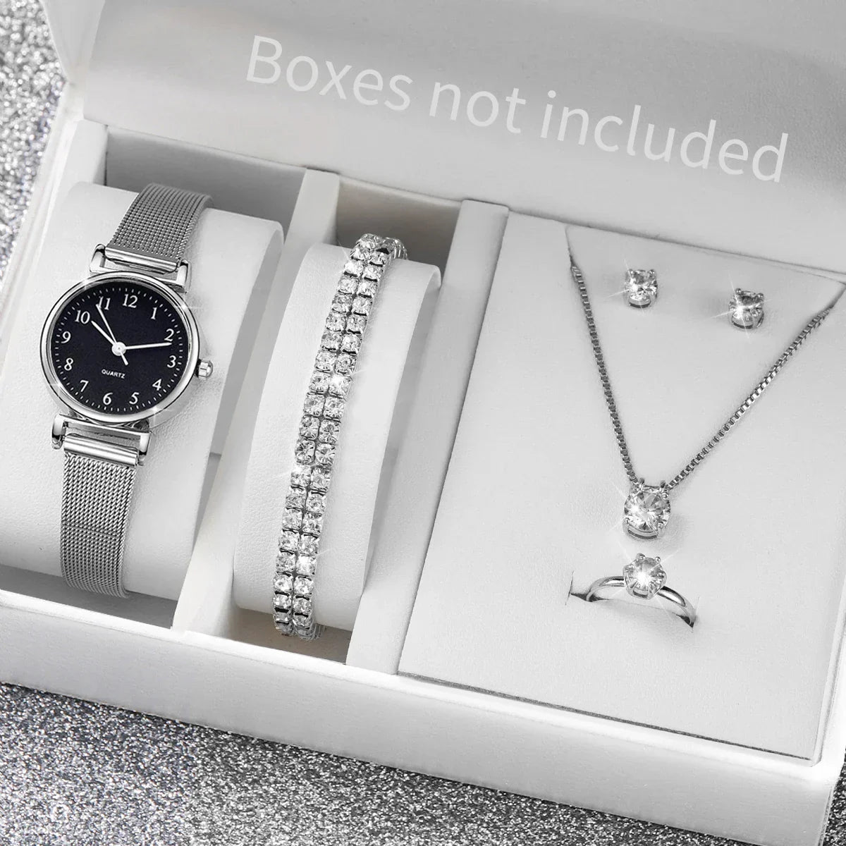 6PCS Fashion Women Watches Small Arabic Dial Quartz Watch Ladies Silver Mesh Band Wristwatches Jewelry Reloj Mujer（Without Box）