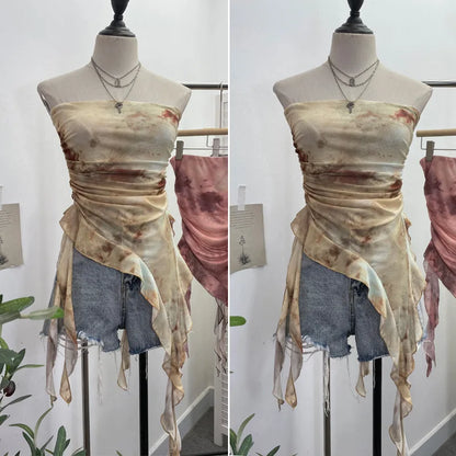 Tie Dye Summer Tops for Women Y2K Strapless Sleeveless Asymmetrical Ruffle Fishtail Ruched Stretch Mesh Vintage Clothes