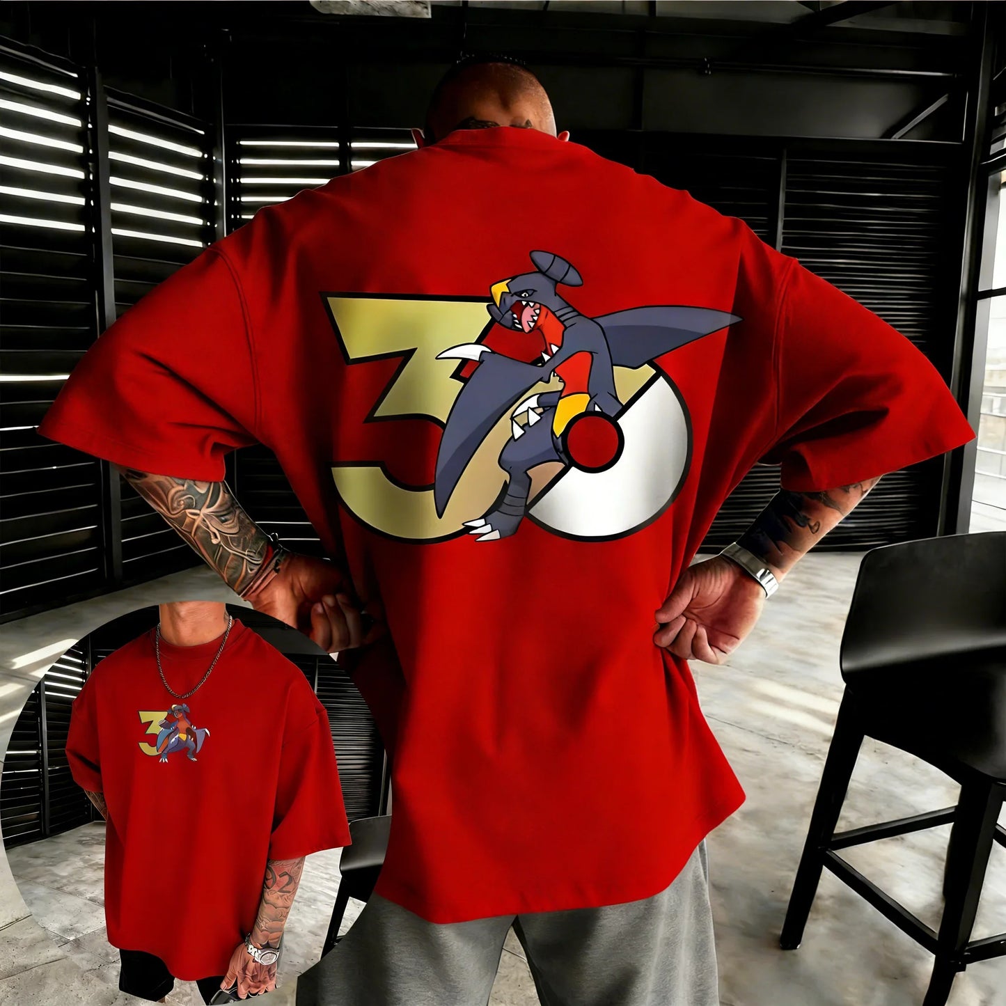 30th Anniversary Garchomp Printed T-shirt Summer Men's and Women's Loose Casual Hip Hop Trendy Short Sleeve Top