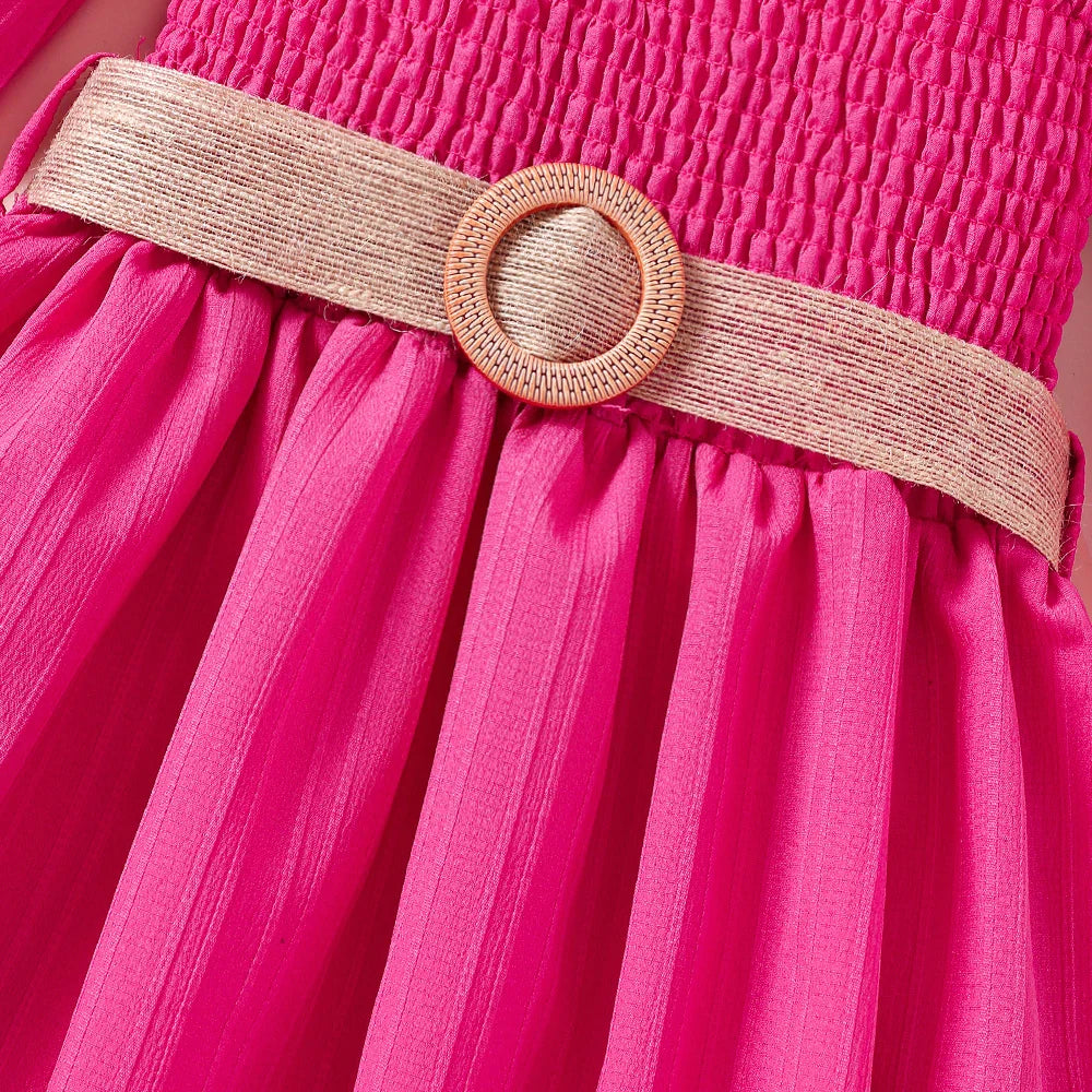 Vestido Feminino de Verão Ombro a Ombro Cinto Cor Sólida