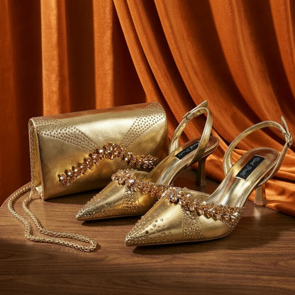 2026 Italian Inspired Olive Rhinestone HAND CRAFTED UPPER Pointed Toe Women High Heels Shoes and Bag Set Elegant Party Shoes
