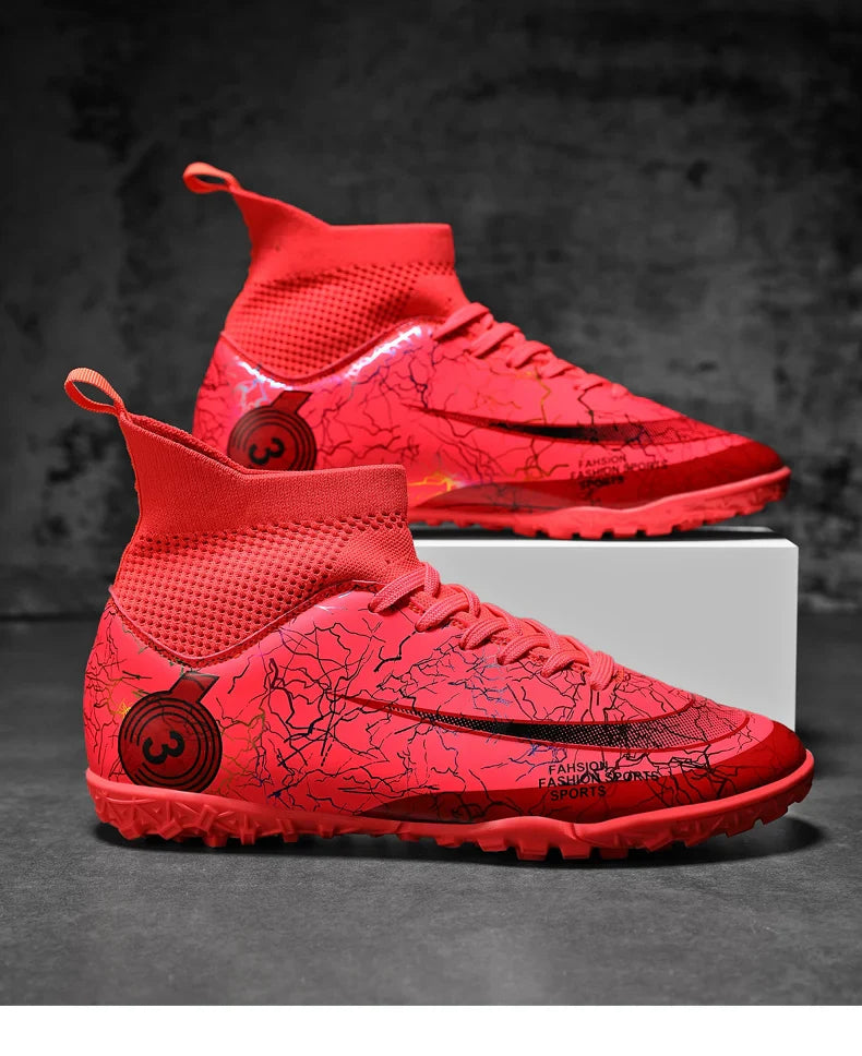 Fashion Men Professional Soccer Shoes Outdoor Cleats Unisex Ultralight Long Spikes Futsal Training Shoes Red Football Boots Men