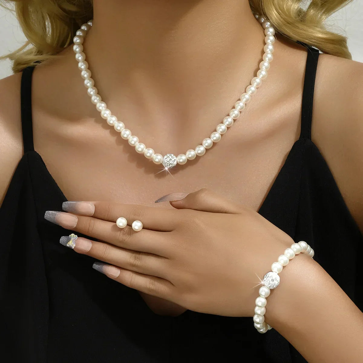Silver Color Pearl Crystal Bridal Jewelry Sets Wave Shape Choker Necklace Earrings Sets for Women Wedding Jewelry Sets