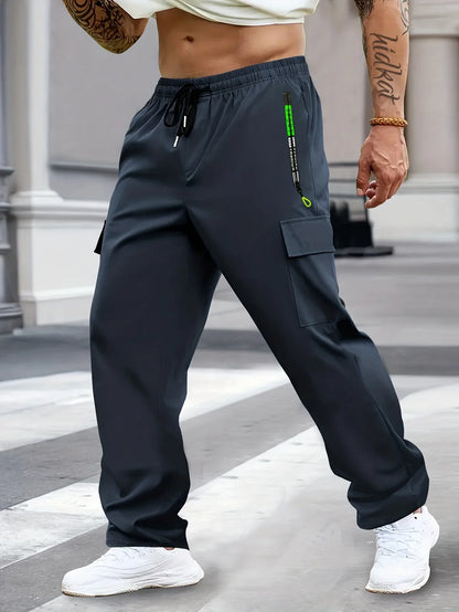 Men Lightweight Cargo Pants with Drawstring Elastic Waist Multiple Zipper Pockets Large Side Pockets Breathable Regular Fit