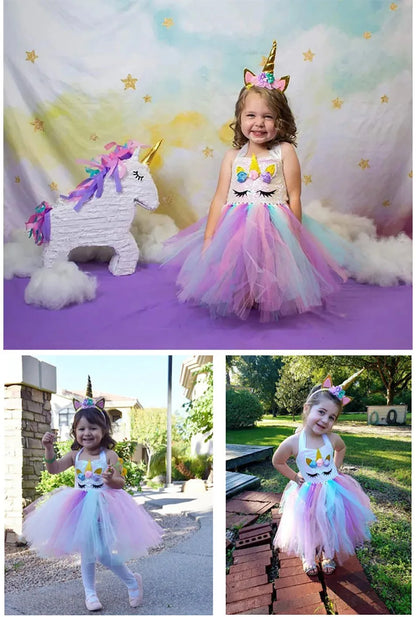 Vestidos de Unicórnio Princesa para Meninas, Trajes Tutu, Flores em Tons Pastel, Vestidos de Aniversário para Bebês, Tule, Fantasias Infantis para Halloween e Cosplay