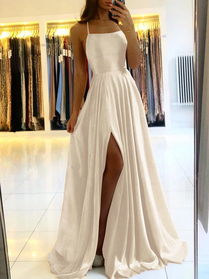 Women Sexy Prom Dresses Lace-Up Spaghetti Straps Backless Sling Evening Dress Satin A-Line High Split Maxi Train Party Gowns